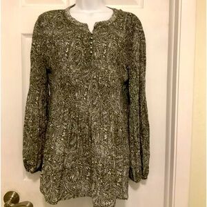 Cable & Gauge Women’s Crinkle Olive Green/White Boho Peasant Top Size L